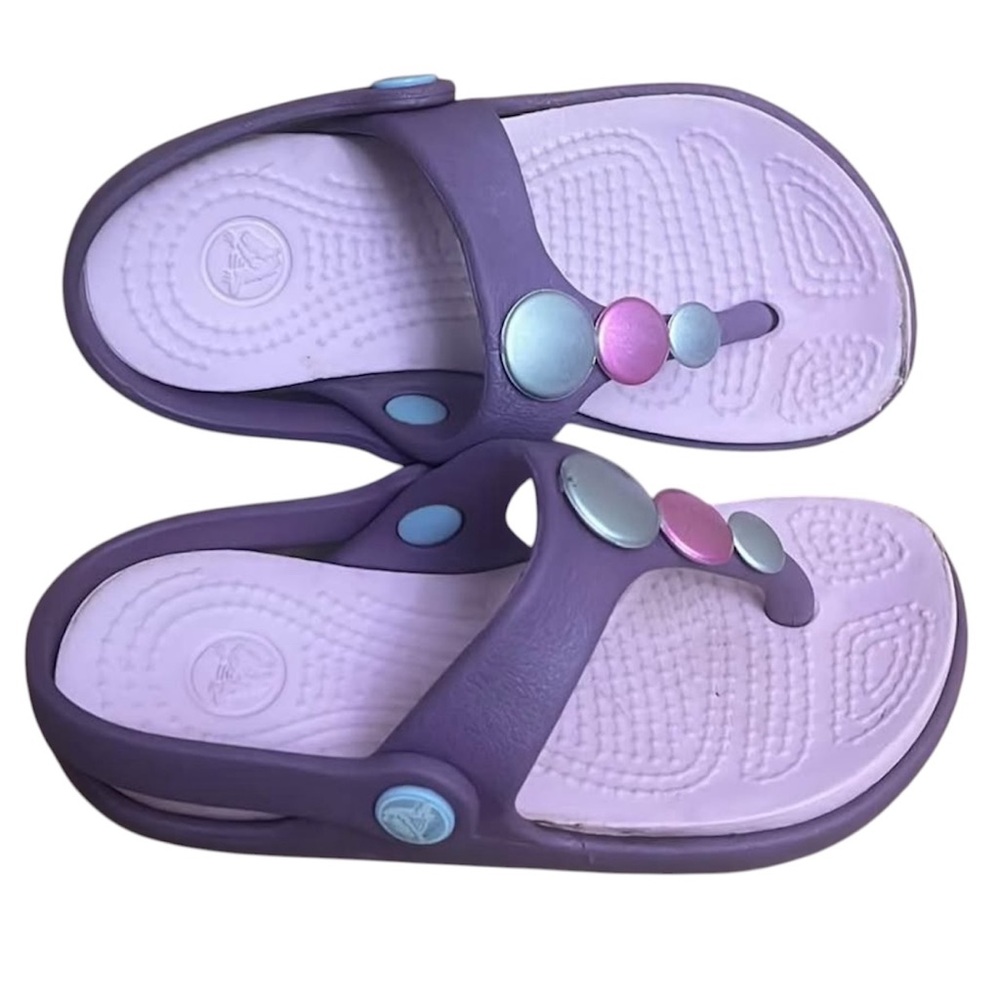 CROCS CHILDREN Sz 6/7 COLORFUL SLIDE THONGS SANDALS WITH ACCENTS PURPLE COLOR